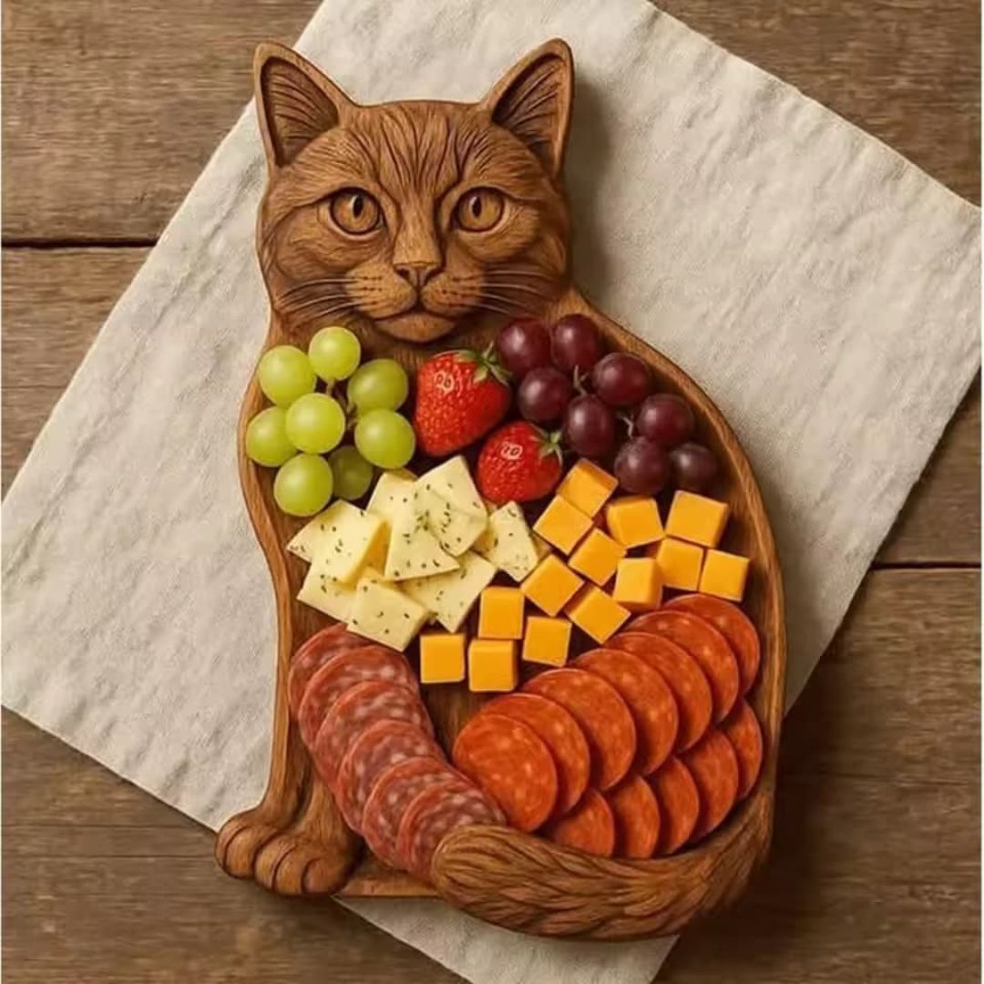 Piatto da portata in legno artigianale a forma di gatto