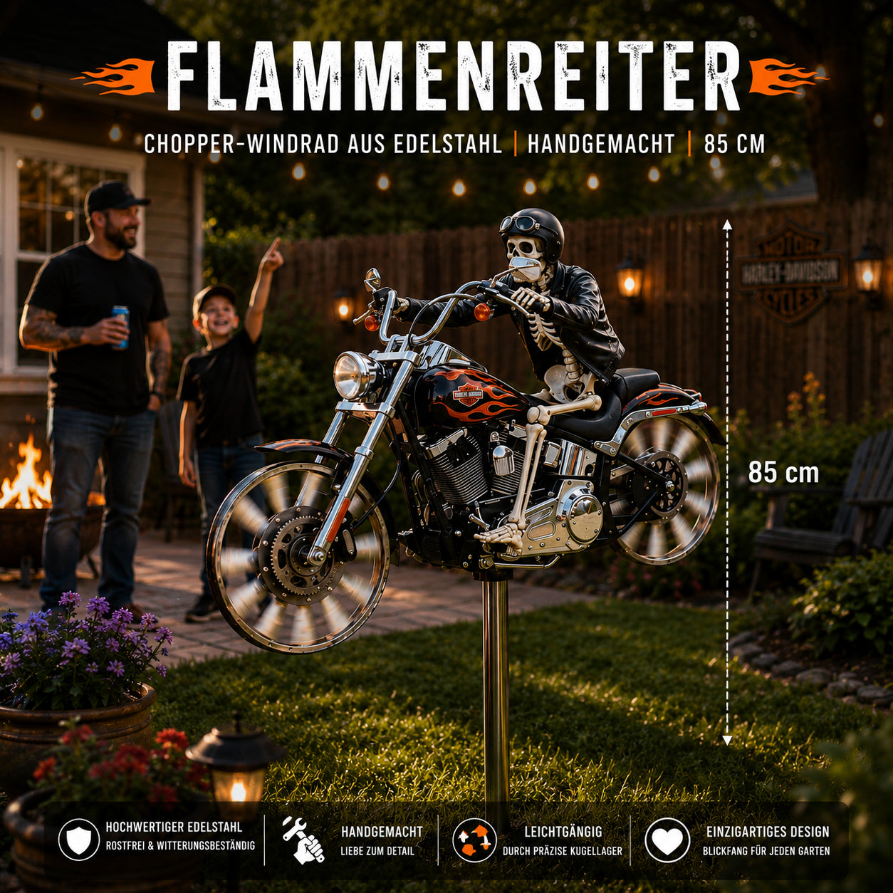 Flammenreiter – Chopper-Windrad - Handgemacht  85 cm